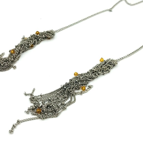 Vintage Style Long Silver Chain Necklace With Orange Bead Accents And Tassel Pen - Picture 4 of 7